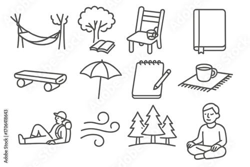 Outdoor Relaxation Icons. Line style icons of outdoor relaxation: hammock, book under tree, chair with drink, journal icon; log