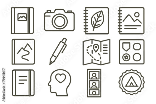 Journaling Icon Collection. Line style icons of journaling and memory keeping: travel notebook, camera icon, leaf press,