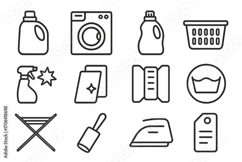 Laundry Care Icons. Line style icons of laundry and fabric care: detergent bottle, washing machine, fabric softener, laundry