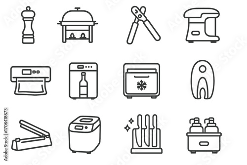 Kitchen Gadget Icons. Line style icons of kitchen storage helpers: spice grinder, food warmer, can opener, electric jar opener;