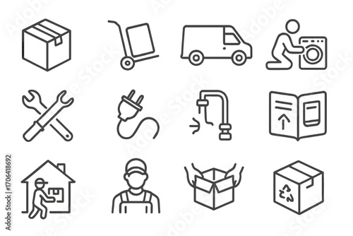 Appliance Delivery Icons. Line style icons of appliance setup and delivery: appliance box, dolly cart, delivery van, assembly icon
