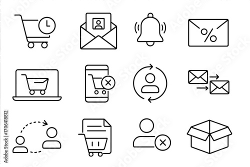 Abandoned Cart Icons. Line style icons of abandoned cart recovery: cart with timer, reminder email, alert bell, discount popup; re