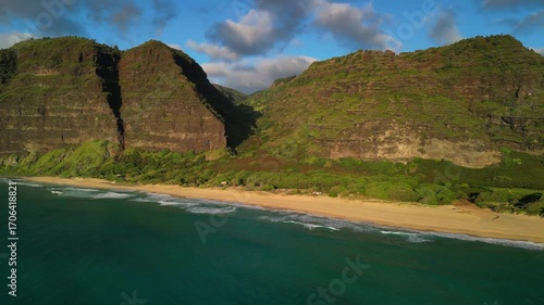 Hawaii, Kauai island, Aerial - Polihale Park and Sand beach