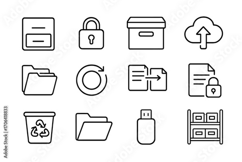 File Storage Icons. Line style icons of file storage: cabinet drawer, locked folder, archive box, cloud upload; shared folder,
