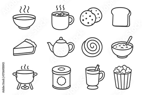 Comfort Foods Icons. Line style icons of comfort foods: hot soup bowl, cocoa mug, cookies, toast; pie slice, teapot, cinnamon roll