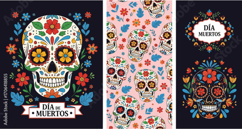 Vibrant Dia De Muertos skull designs with floral motifs, celebrating Mexican culture and traditions