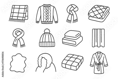 Cozy Textile Icons. Line style icons of cozy textiles: flannel blanket, cable-knit sweater, quilted throw, terry towel; cashmere