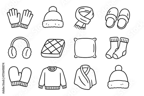 Soft Accessories Icons. Line style icons of soft accessories: knitted gloves, fuzzy hat, warm scarf, home slippers; ear warmers,