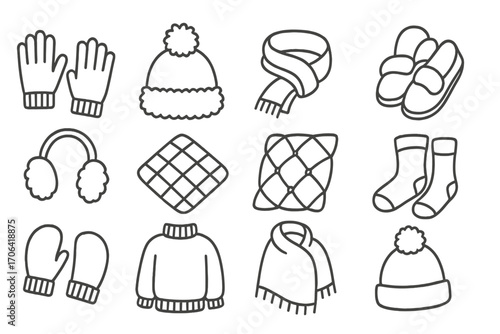 Soft Accessories Icons. Line style icons of soft accessories: knitted gloves, fuzzy hat, warm scarf, home slippers; ear warmers,
