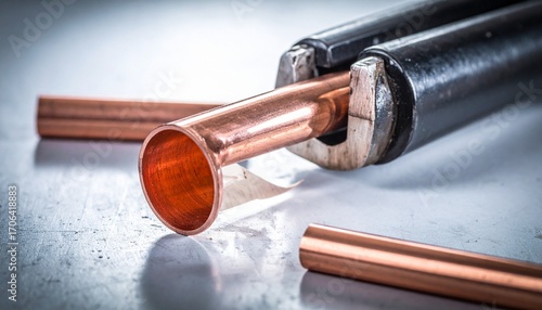 Close-up of a copper pipe with a clean cut and side notch, lying on a dark textured surface alongside metallic pliers and scattered copper shavings—highlighting hands-on craftsmanship, metalworking, a