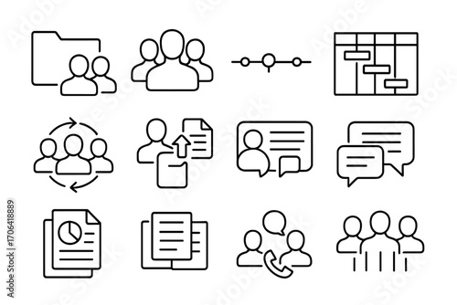Project Collaboration Icons. Line style icons of project collaboration: shared folder, group icon, timeline, Gantt chart; team