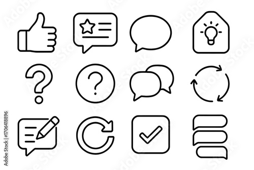 Collaborative Feedback Icons. Line style icons of collaborative feedback: thumbs up, review bubble, comment icon, suggestion tag;