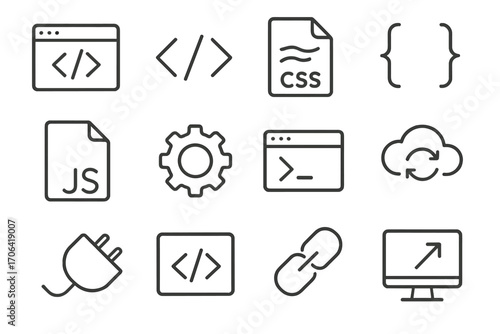 Development Icon Set. Line style icons of development UI elements: code window, HTML tag, CSS icon, bracket symbol; JS file, gear