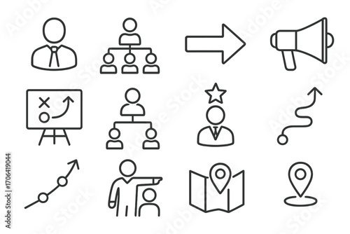 Leadership Icons Collection. Line style icons of leadership and management: leader icon, team structure, directive arrow,