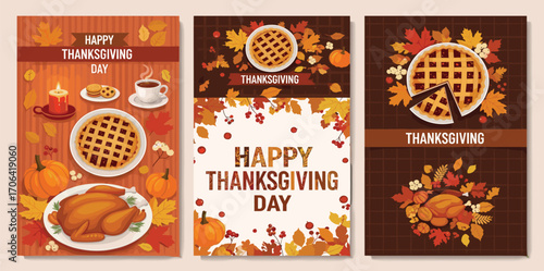 Thanksgiving Celebration Festive Designs Featuring Turkey, Pie, and Autumnal Elements