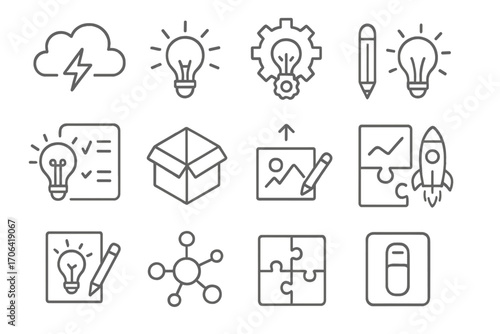 Creativity Icon Set. Line style icons of creativity in business: brainstorm cloud, design lightbulb, innovation gear, pencil and