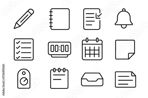 Writing Tools Icons. Line style icons of writing and scheduling tools: pencil mark, notebook icon, task tracker, reminder tab;