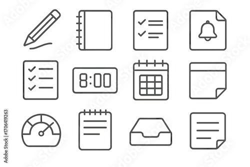 Writing Tools Icons. Line style icons of writing and scheduling tools: pencil mark, notebook icon, task tracker, reminder tab;