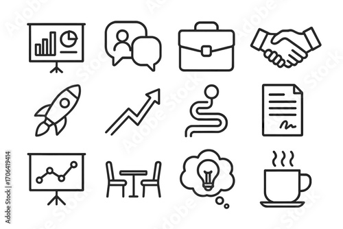 Startup Essentials Icons. Line style icons of startup essentials: pitch deck, investor chat, briefcase, handshake; launch rocket,