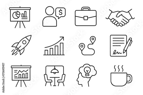 Startup Essentials Icons. Line style icons of startup essentials: pitch deck, investor chat, briefcase, handshake; launch rocket,
