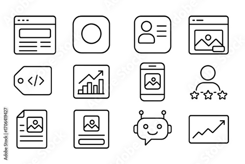 Digital Presence Line Icons. Line style icons of digital presence: website homepage, app icon, social profile, banner ad; SEO tag,