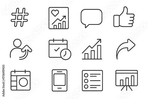 Social Media Icons. Line style icons of social media strategy: hashtag, engagement rate, comment bubble, like icon; follower