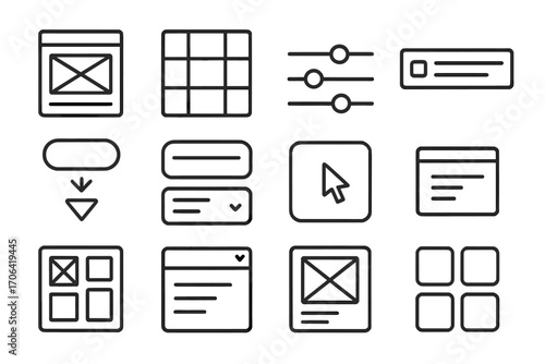 UI Design Icons. Line style icons of user interface planning: wireframe, responsive grid, slider, navigation bar; icon set, button