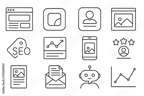 Digital Presence Line Icons. Line style icons of digital presence: website homepage, app icon, social profile, banner ad; SEO tag,