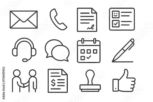 Client Communication Icons. Line style icons of client communication: email, phone, contract, feedback form; call center headset,