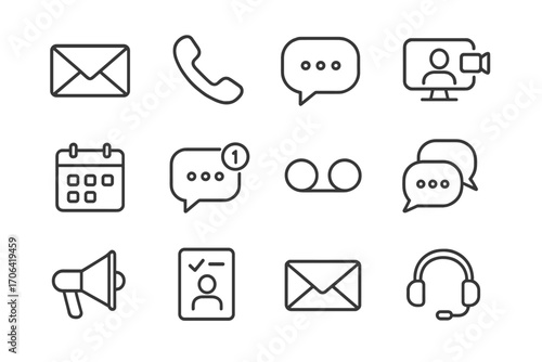 Business Communication Icons. Line style icons of business communication tools: email, phone, chat bubble, video call; calendar
