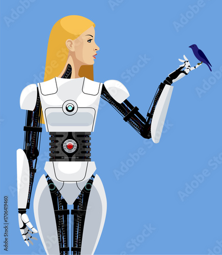 A beautiful blonde biorobot girl with a bird sitting on her finger on a blue background. Vector realistic illustration in flat style