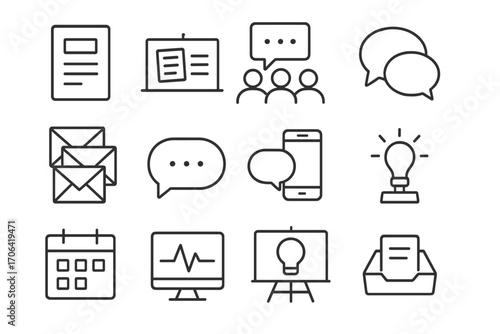 Internal Communication Icons. Line style icons of internal communication: company memo, bulletin board, team message, chat log;
