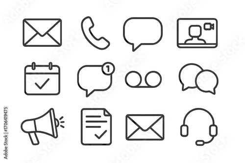 Business Communication Icons. Line style icons of business communication tools: email, phone, chat bubble, video call; calendar