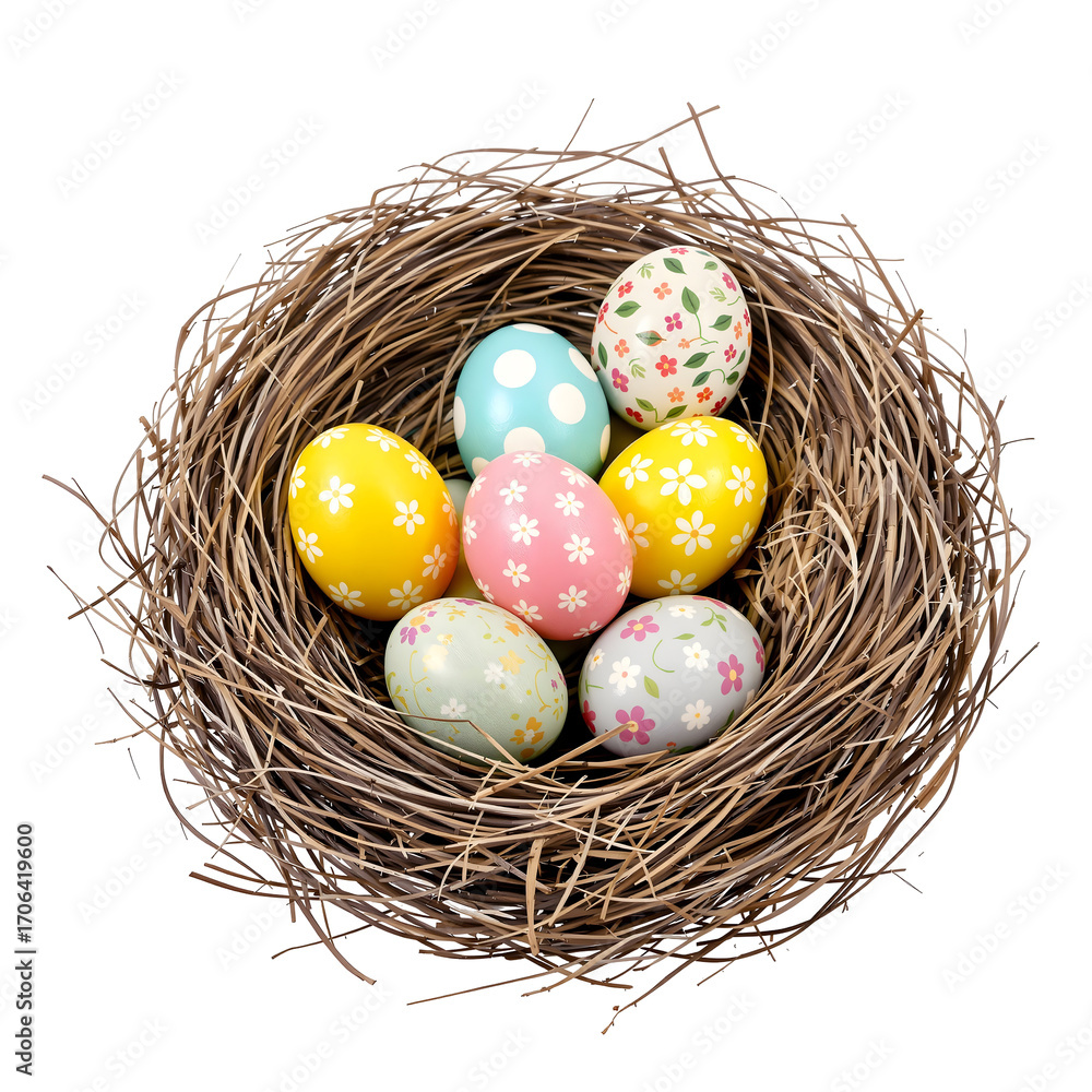 Fototapeta premium A cozy bird's nest filled with beautifully decorated Easter eggs, perfect for spring celebrations and holiday traditions