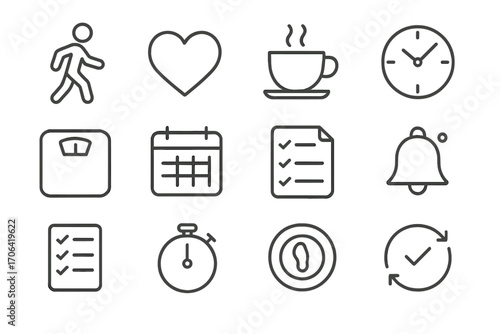 Wellness Line Icons. Line style icons of everyday wellness: walking, heart, coffee, clock; scales, calendar, day plan, reminder