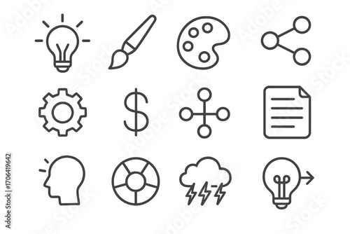 Idea Generation Icons. Line style icons of idea generation: light bulb, paintbrush, palette, share; gear, dollar sign, mind map,