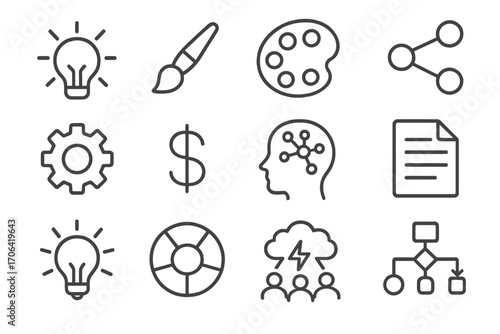 Idea Generation Icons. Line style icons of idea generation: light bulb, paintbrush, palette, share; gear, dollar sign, mind map,