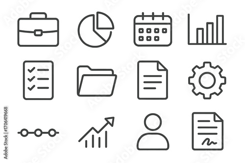 Business Tool Icons. Line style icons of business application tools: briefcase, pie chart, calendar, bar graph; task list, folder,