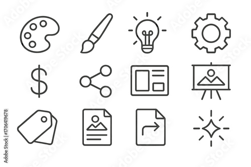 Visual Identity Icons. Line style icons of visual identity tools: palette, paintbrush, light bulb, gear; dollar sign, share icon,