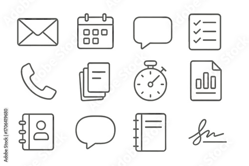 Business Communication Icons. Line style icons of business communication tools: email, calendar, chat bubble, task list; phone