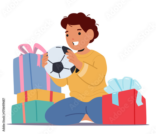 Happy boy cartoon character receiving soccer ball as gift on Christmas morning isolated on white