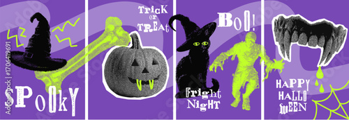 Spooky halloween illustration background with grunge halftone style featuring pumpkins, fangs, witches hat