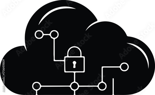 Illustrator Vector Secure cloud computing with padlock data network silhouette