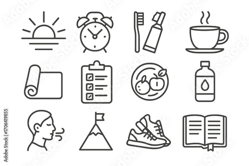 Morning Routine Icons. Line style icons of structured morning routine: sunrise, alarm, toothbrush, coffee; fitness mat, checklist