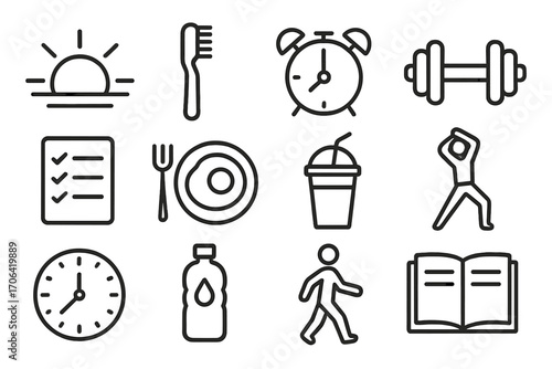 Morning Routine Icons. Line style icons of fresh day essentials: sunrise, toothbrush, alarm, fitness icon; checklist, breakfast,