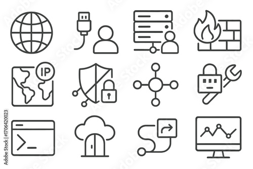 Remote Network Icons. Line style icons of remote network control: globe network, data cable, server access, firewall rule; IP map,