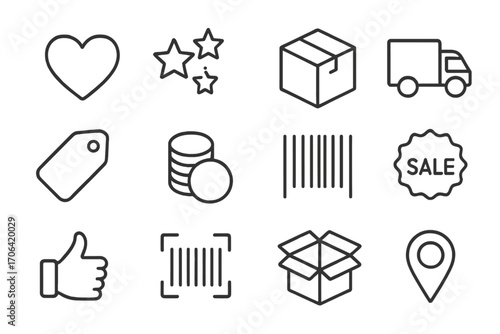 Product Delivery Icons. Line style icons of product delivery icons: heart, stars, package, truck; price tag, coins, barcode, sale