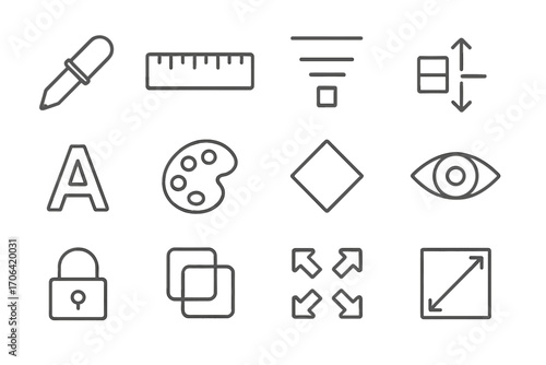 Design Tool Icons. Line style icons of design utilities: color picker, ruler, alignment tool, spacing icon; font selector, theme