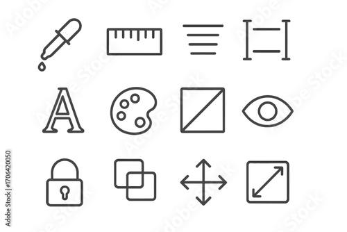 Design Tool Icons. Line style icons of design utilities: color picker, ruler, alignment tool, spacing icon; font selector, theme