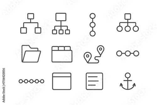 Navigation Icons Collection. Line style icons of navigation hierarchy: page tree, section icon, link flow, sitemap icon; nested